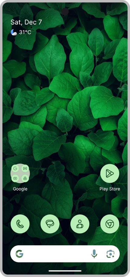 Google Pixel running Lawnchair Launcher with green wallpaper
